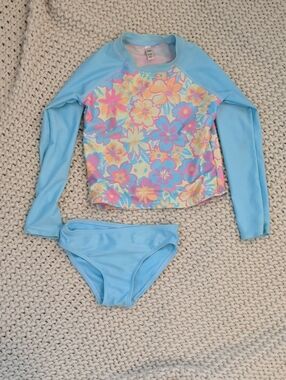 SO Girls Light Blue Floral Long-Sleeve Rash Guard Set